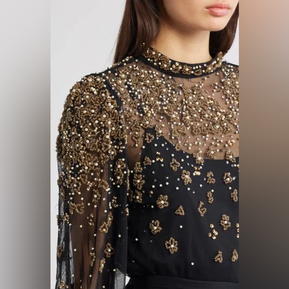 FARM RIO Black Embroidered Tulle Overlay Belted Long Sleeve Mini Dress,Small,398 - Picture 9 of 16